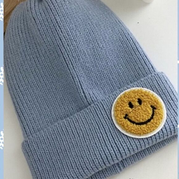 Knit ribbed smiley face hat beanie, blue - Picture 4 of 6